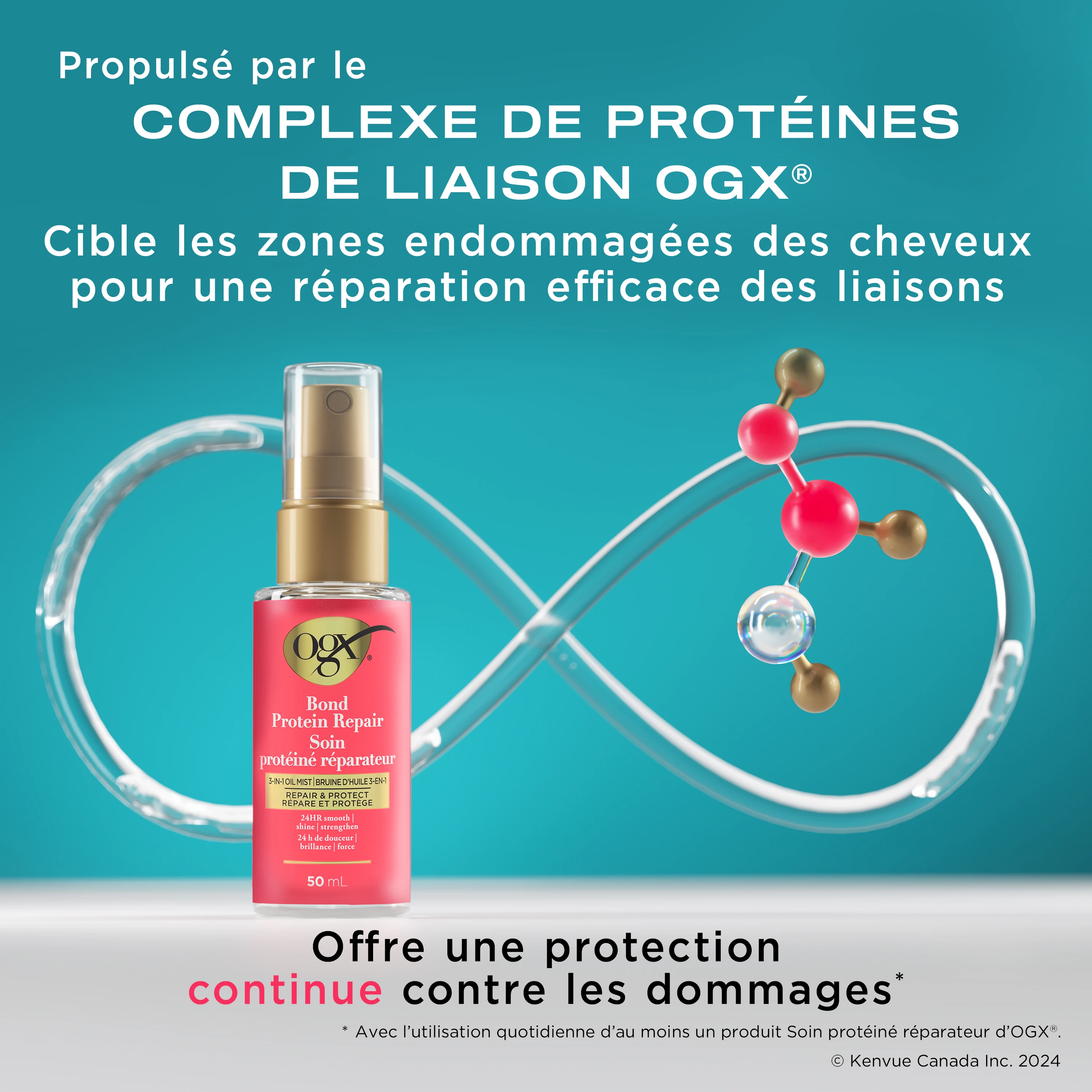 Vue avant du flacon vaporisateur d’huile Soin protéiné réparateur OGX® de 50 mL et une illustration de molécules et d’un tube en forme de symbole de l’infini en arrière-plan