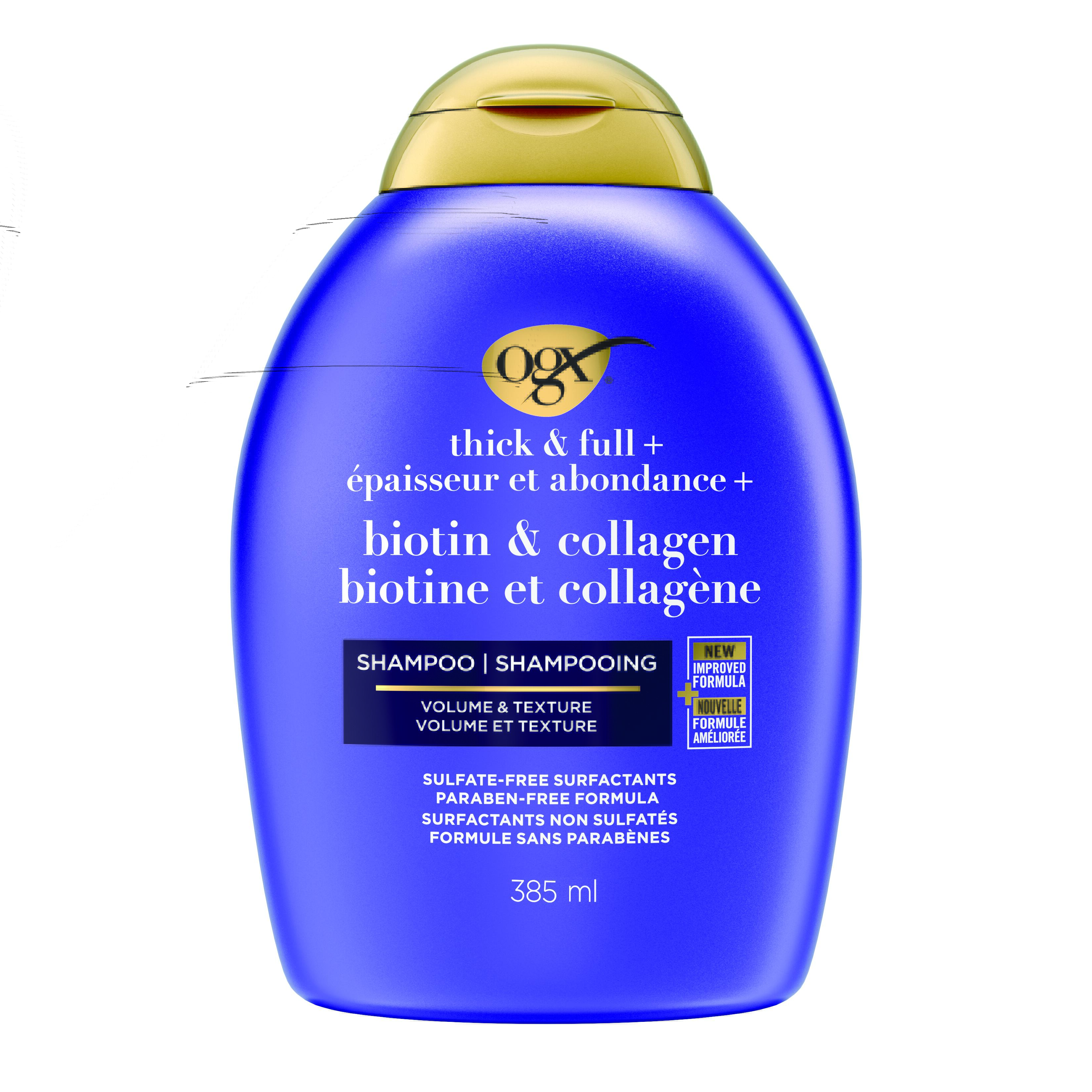 Vue de face shampooing volumisant épaisseur et abondance + biotine et collagène OGX®, 385 ml, bouteille compressible