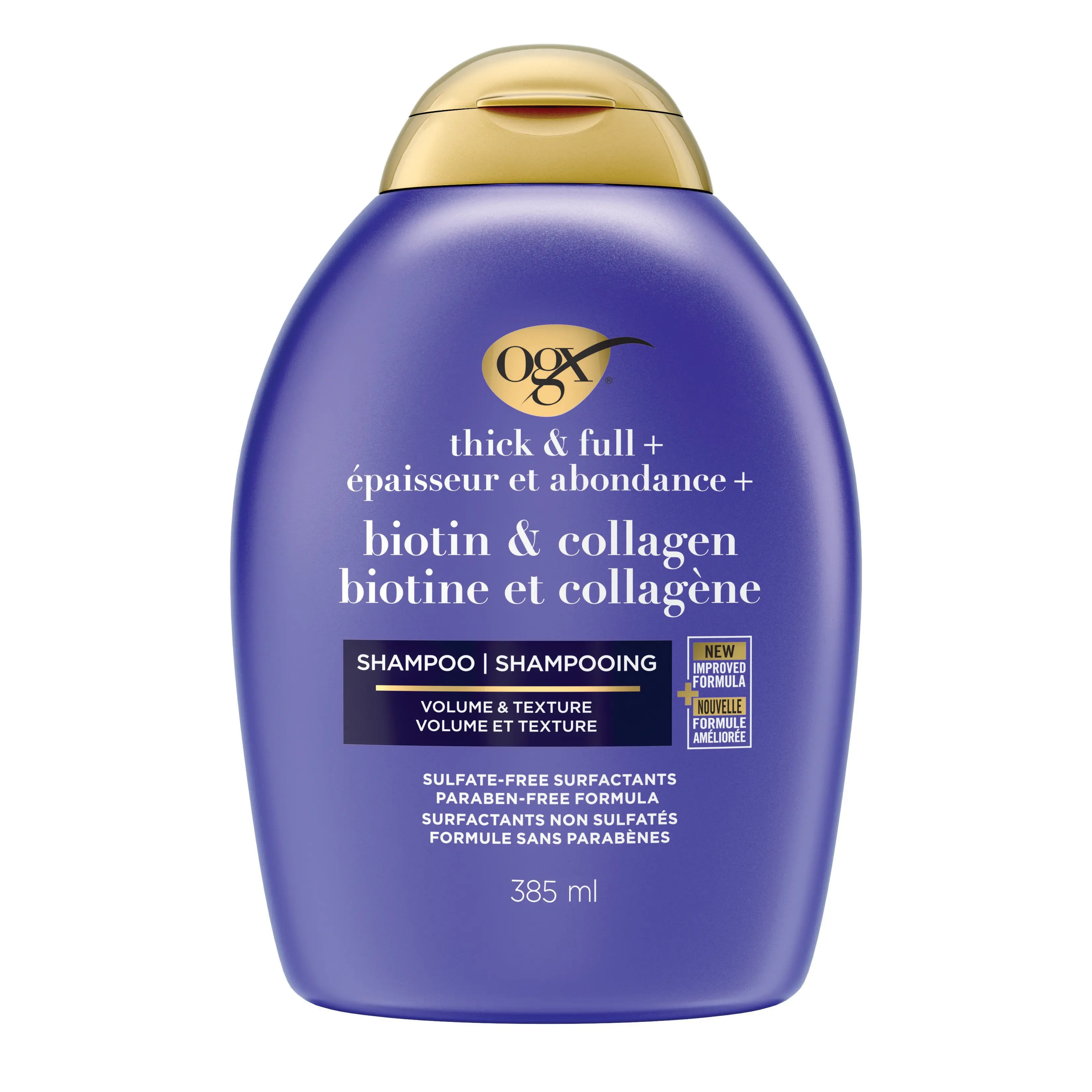 Vue de face shampooing volumisant épaisseur et abondance + biotine et collagène OGX®, 385 ml, bouteille compressible
