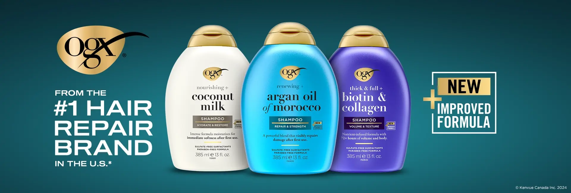 Front shot of OGX® Argan Oil of Morocco, Biotin & Collagen and Coconut Milk shampoo products with new + improved formula logo