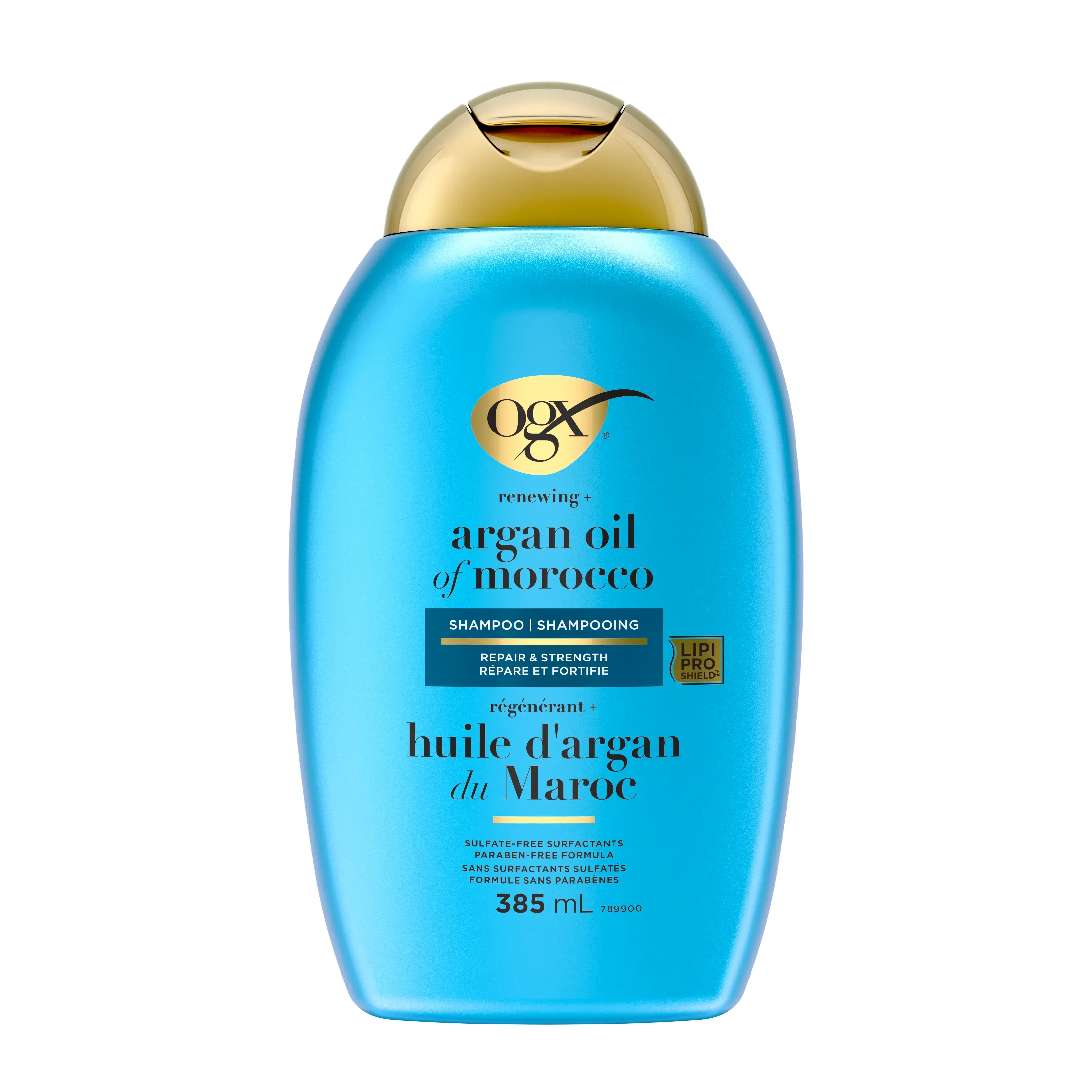 Front shot of OGX® Renewing+ Argan Oil of Morocco Shampoo, 385 mL squeeze bottle