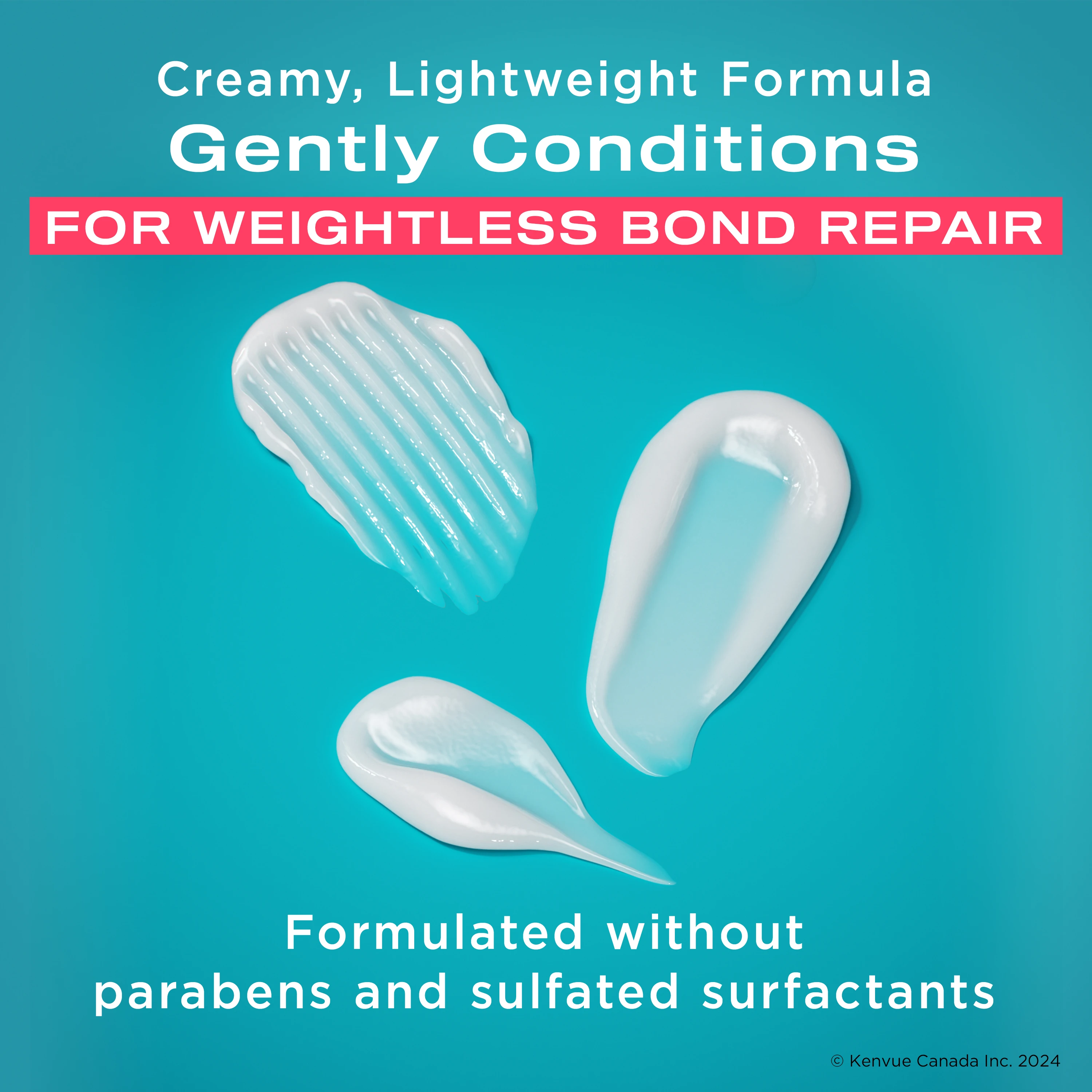 Three OGX® Bond Protein Repair Conditioner product smears on a blue background