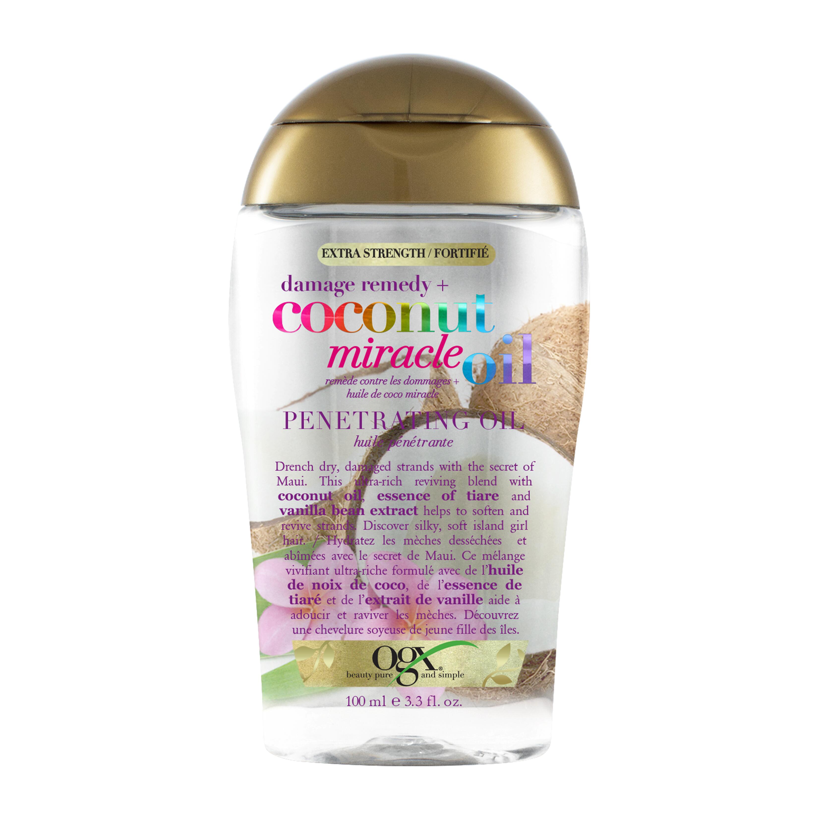 Vue de face de l’huile pénétrante fortifiée OGX® Remède contre les dommages + huile de noix de coco OGX®, bouteille de 100 mL