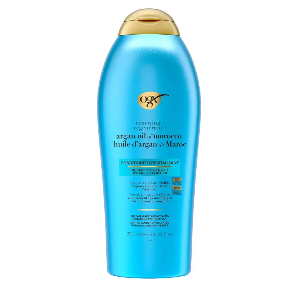 Vue avant du revitalisant régénérant + huile d’argan du Maroc OGX®, 750 ml, tube compressible