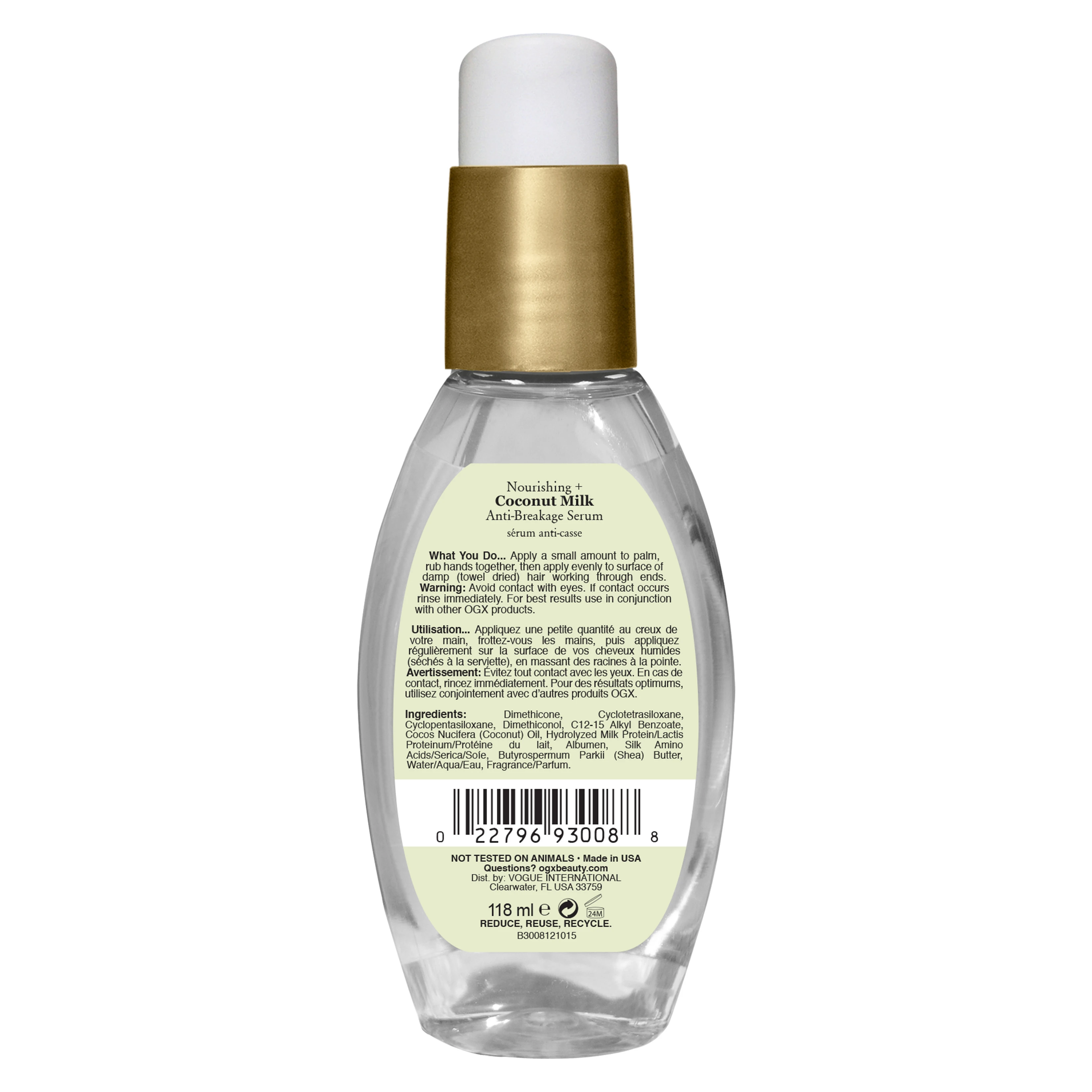 Vue arrière du sérum capillaire anticassures nourrissant + lait de coco OGX®, bouteille à pompe de 118 mL