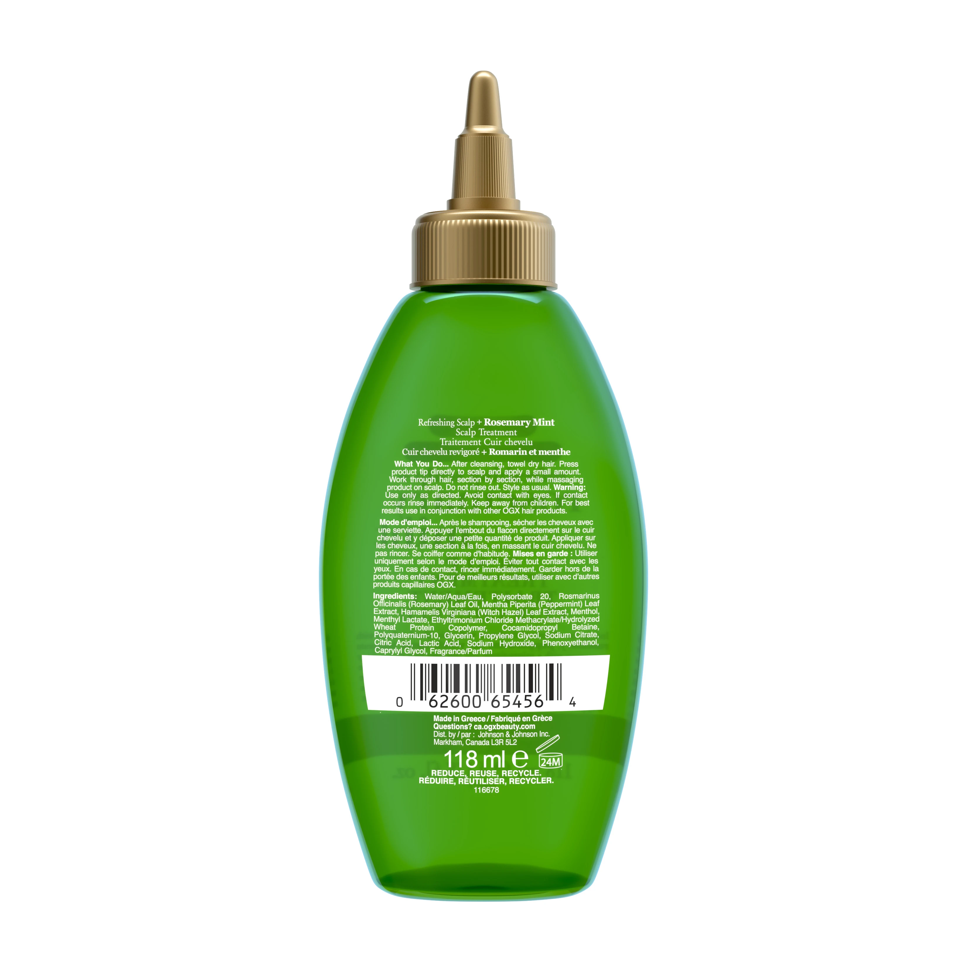 Back shot of OGX® Refreshing Scalp+ Rosemary Mint Extra Strength Scalp Treatment, 118 mL bottle