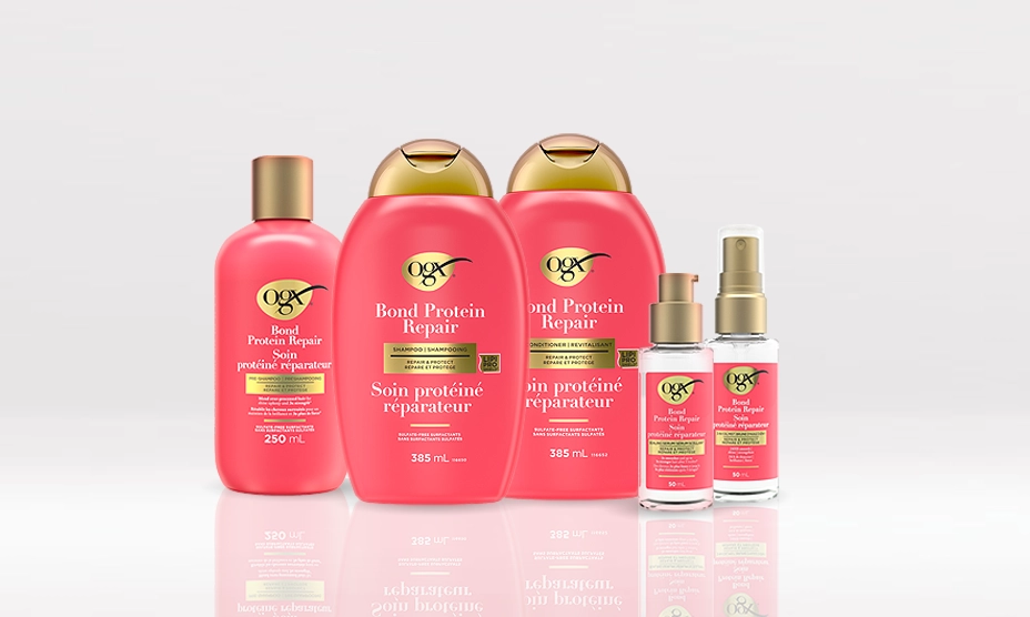 A banner displaying five Repair & Protect Bond Protein Repair hair products