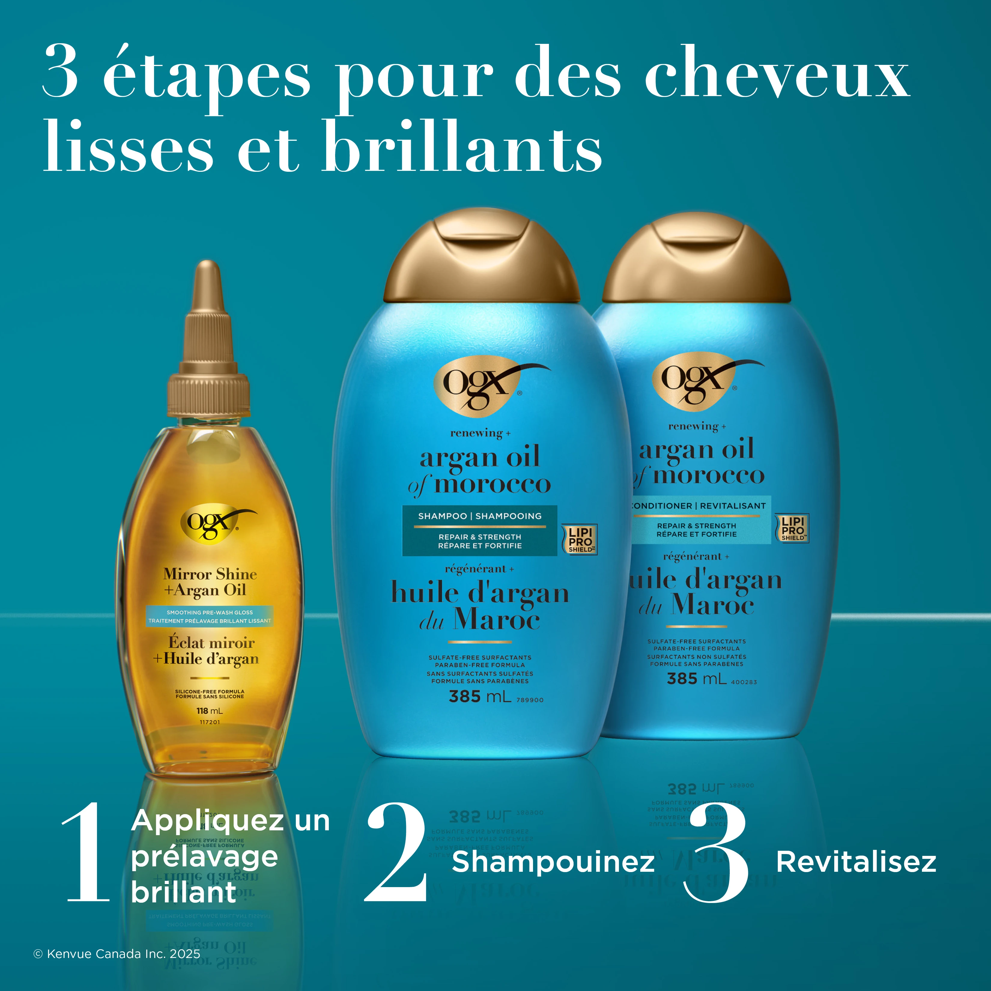 Image numérique améliorée du lustre capillaire prélavage Mirror Shine à l’huile d’argan OGX®, 118 ml