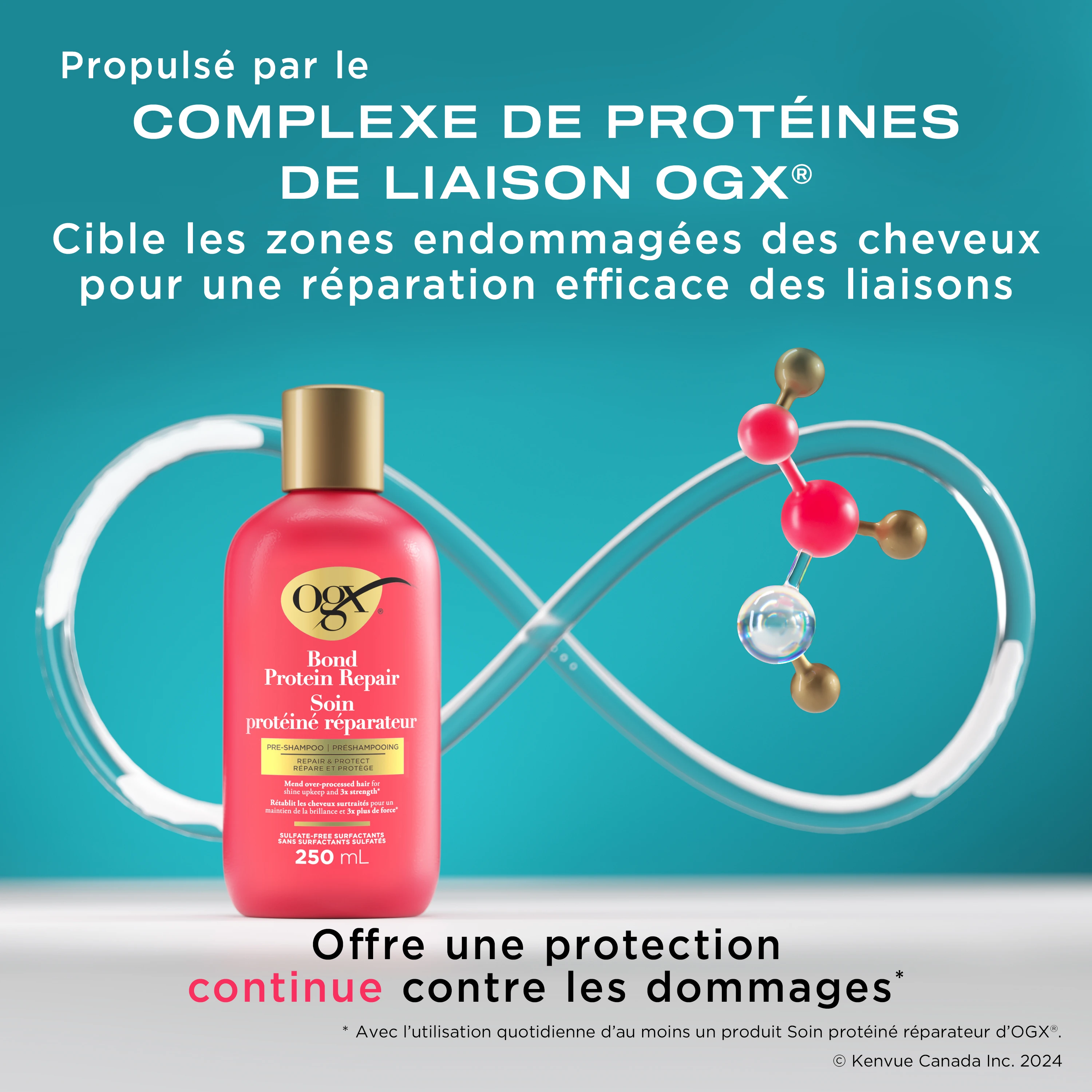 Vue avant du préshampooing Soin protéiné réparateur OGX® de 250 mL et une illustration de molécules et d’un tube en forme de symbole de l’infini en arrière-plan