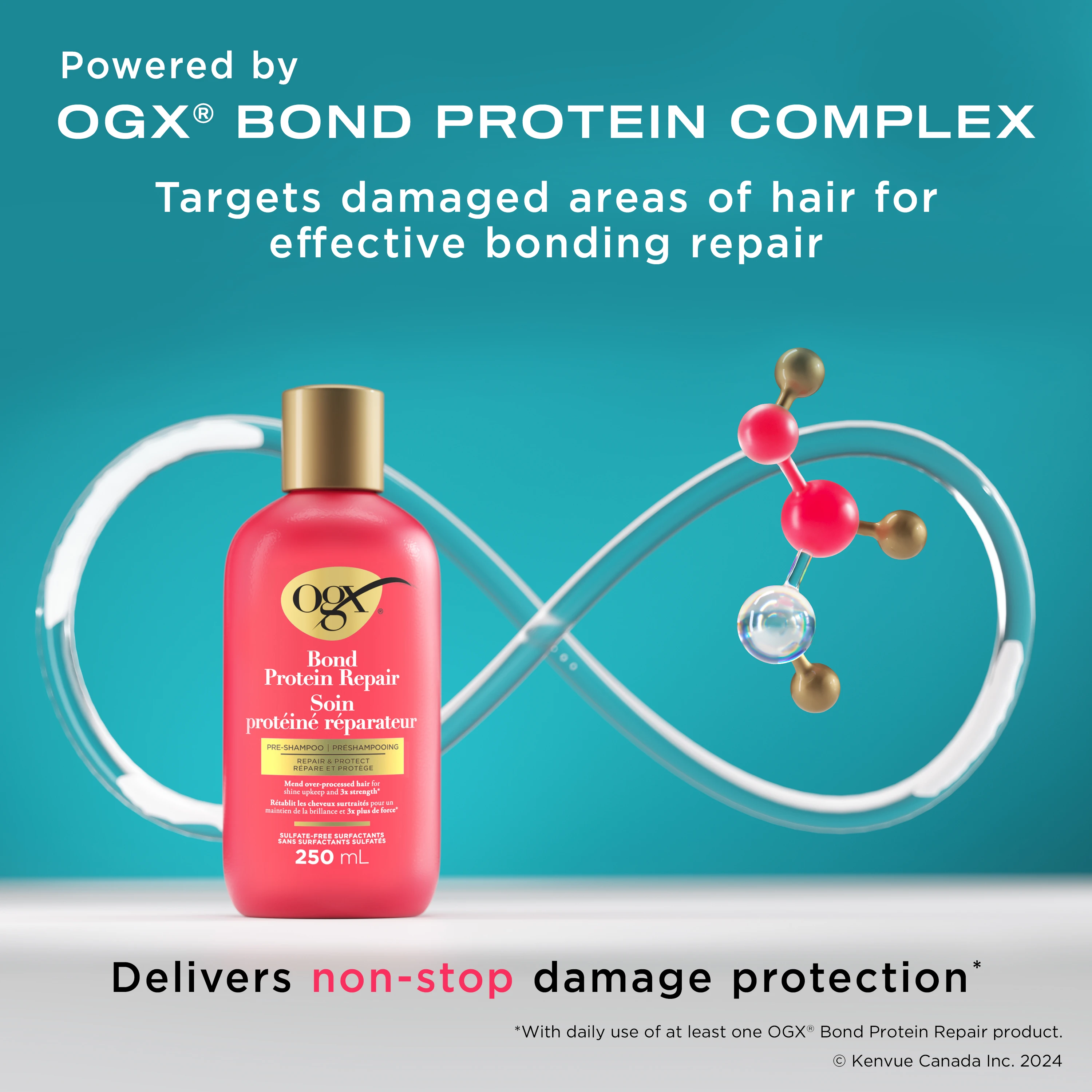Front shot of OGX® Bond Protein Repair Pre-shampoo, 250 mL and illustration of molecules and infinity shaped tube at the background