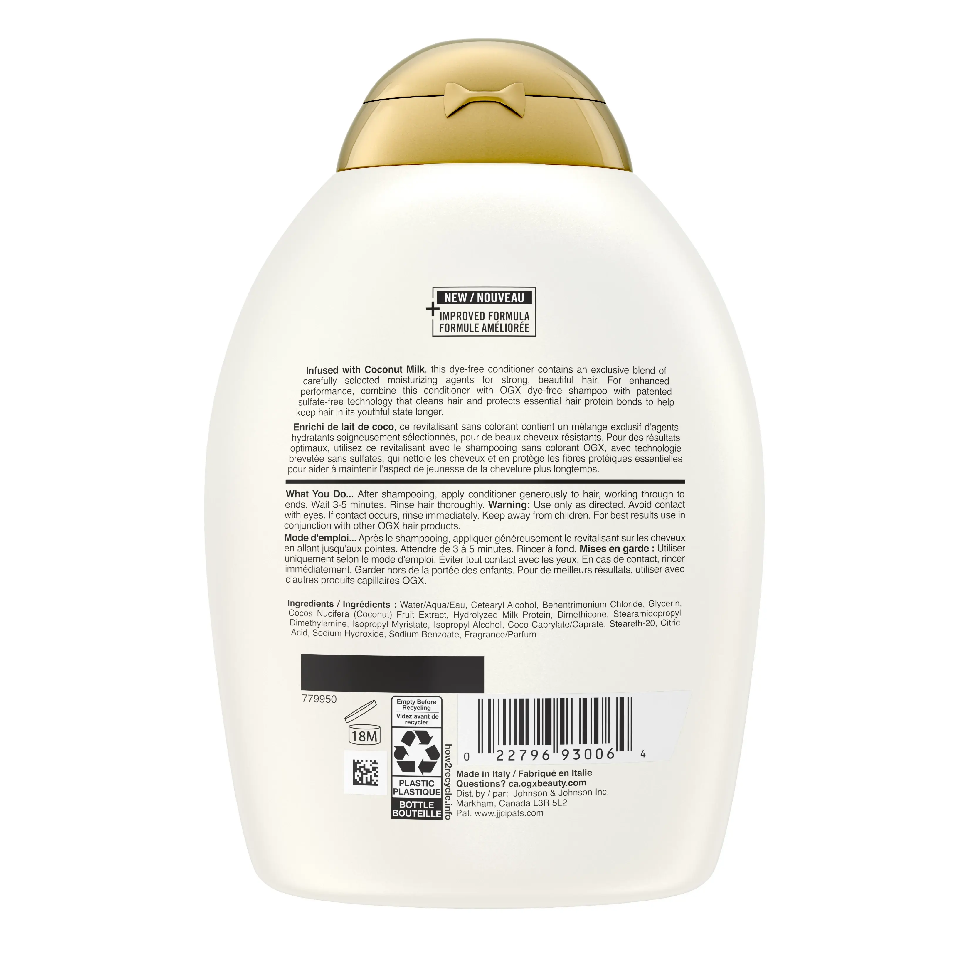 Back shot of OGX® Nourishing + Coconut Milk Conditioner, 385 mL bottle