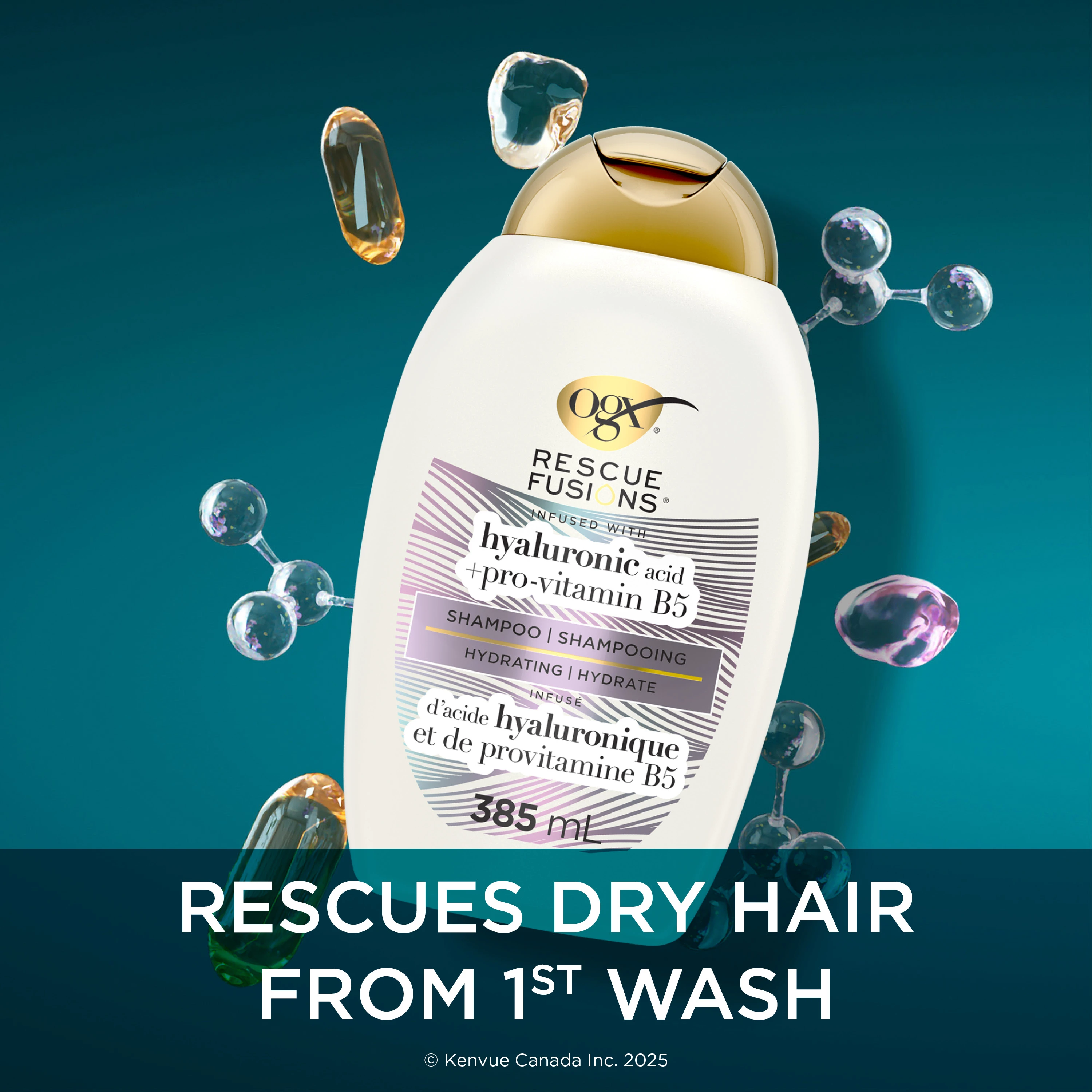 Enhanced digital image of Front shot of OGX® Rescue Fusions® Hyaluronic Acid + Pro-Vitamin B5 Shampoo 385mL bottle
