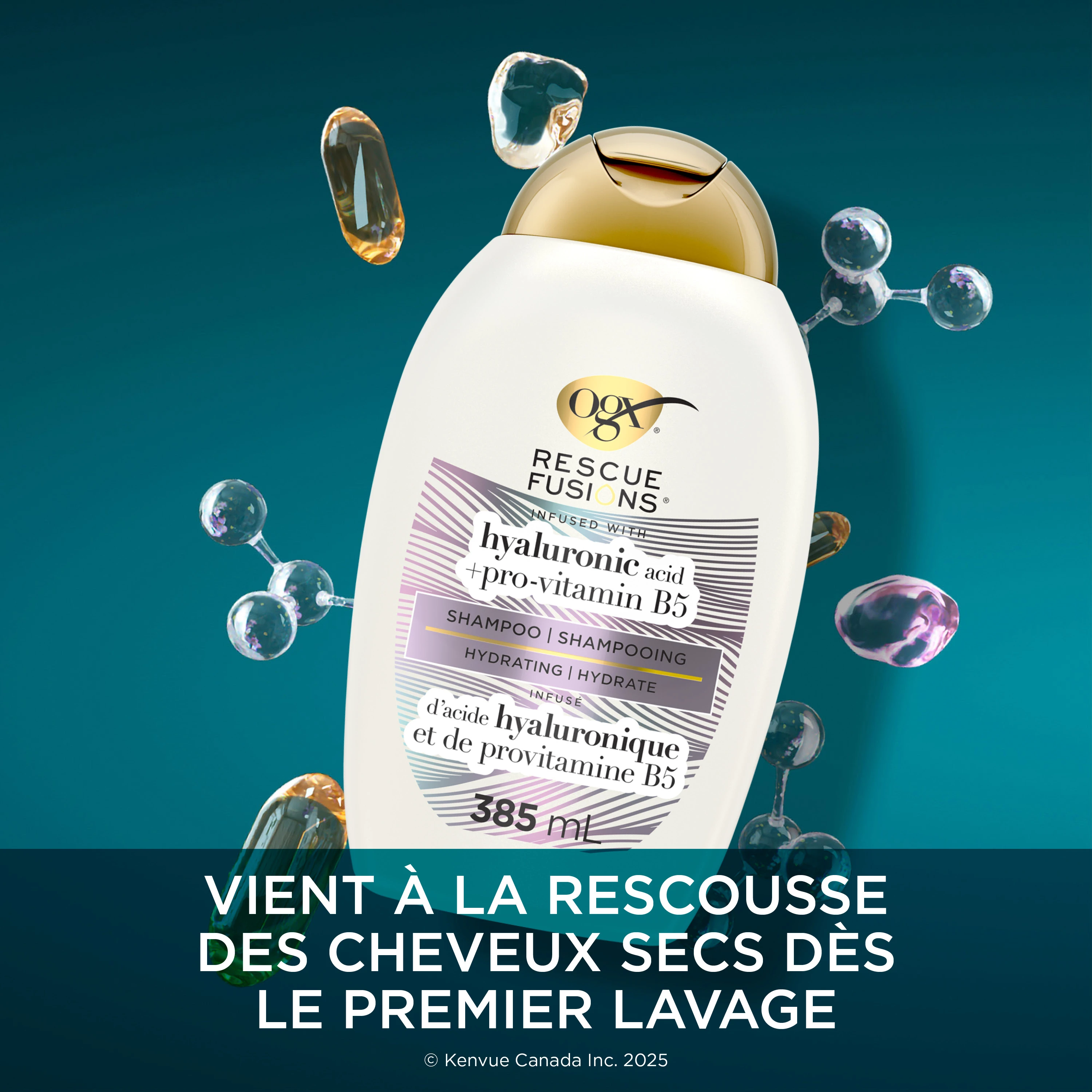 Image numérique améliorée du shampooing OGX® Rescue Fusions® acide hyaluronique + provitamine B5, flacon de 385 ml.