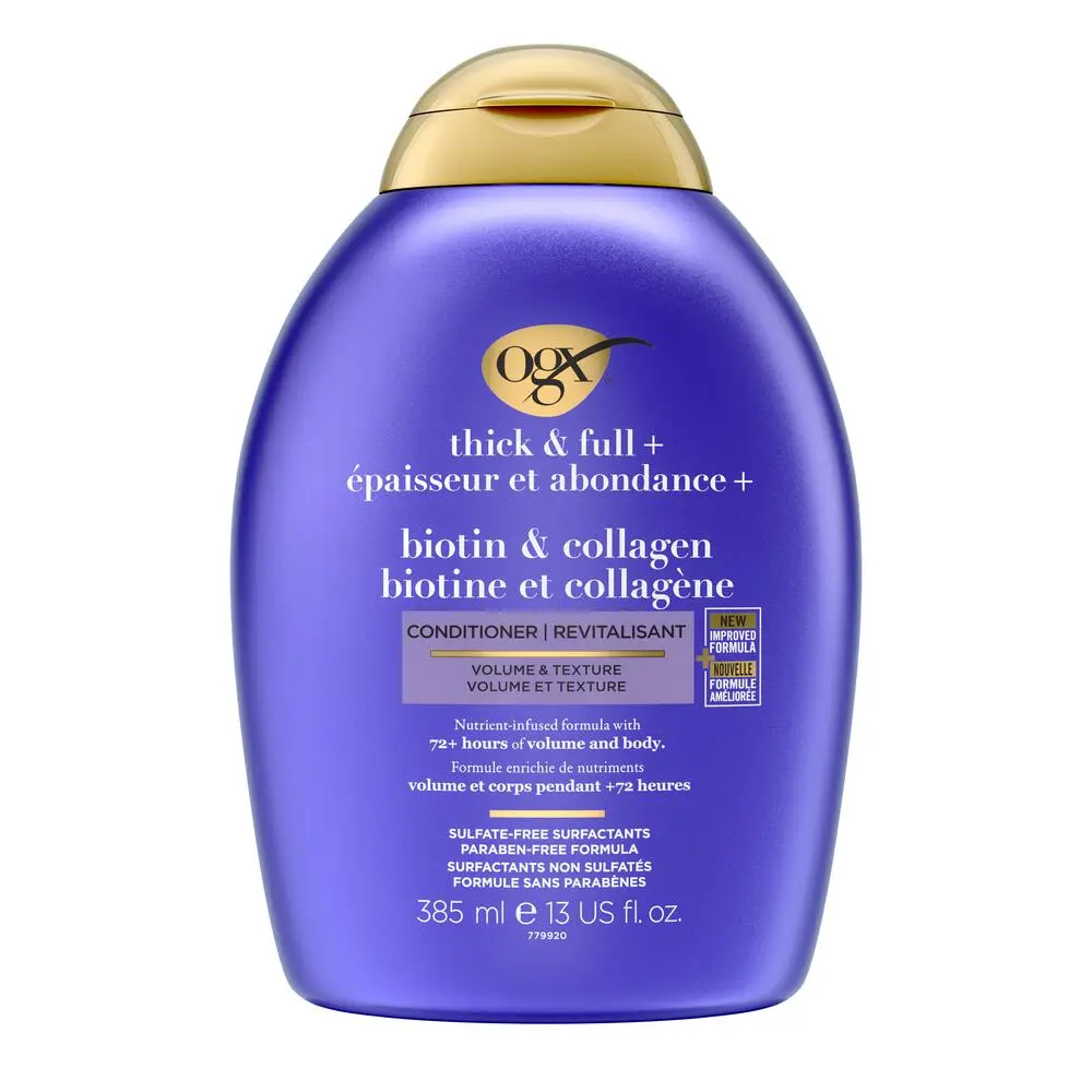 Vue avant du revitalisant volumisant épaisseur et abondance + biotine et collagène OGX®, 385 ml, flacon compressible