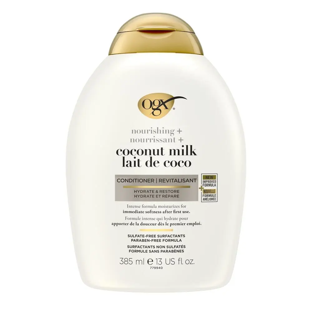 Vue avant du revitalisant nourrissant + lait de coco OGX®, bouteille de 385 mL