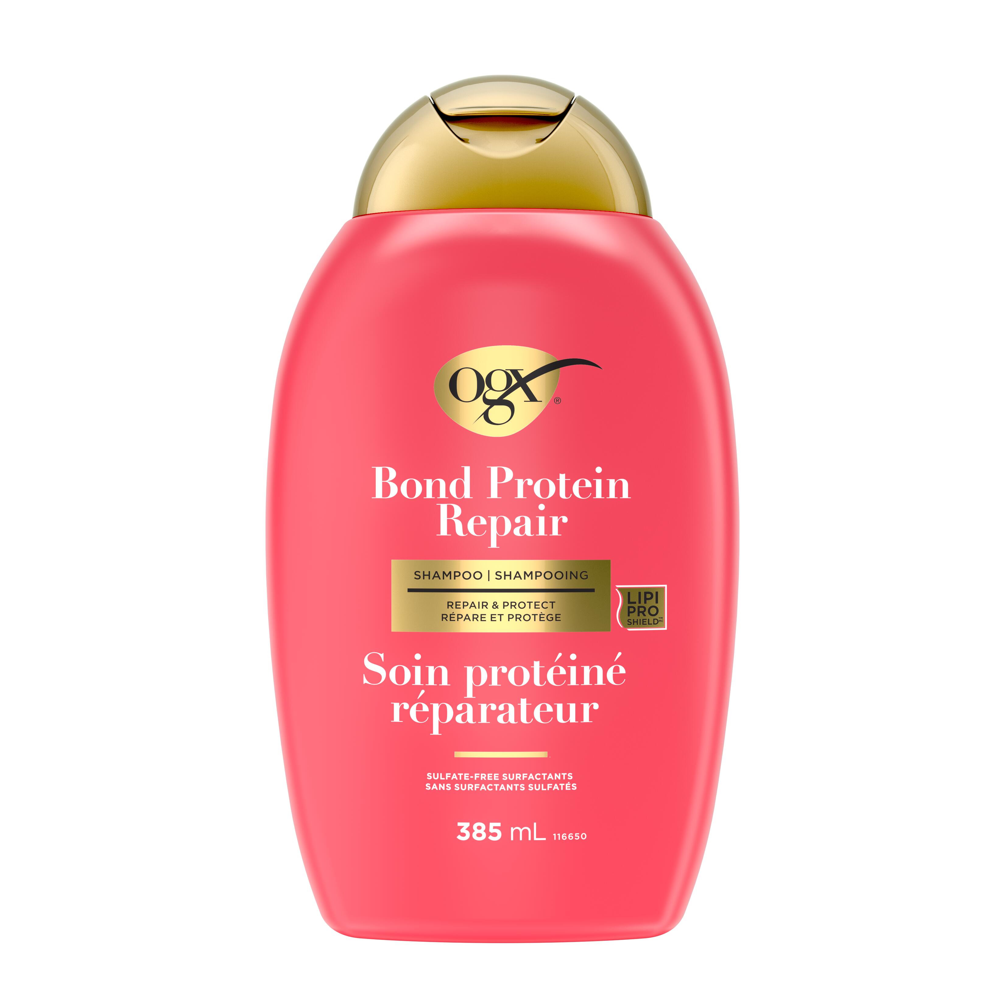 Front shot of OGX® Bond Protein Repair Shampoo, 385 mL bottle