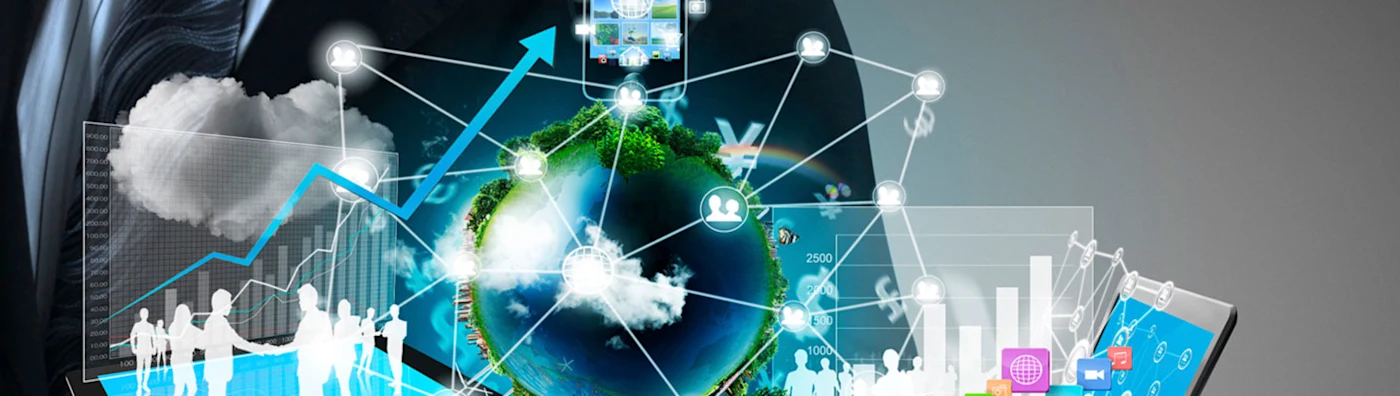 A digital illustration representing global connectivity and technology integration. 