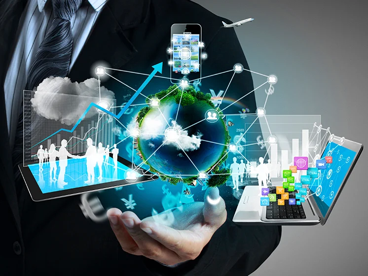 A digital illustration representing global connectivity and technology integration. 