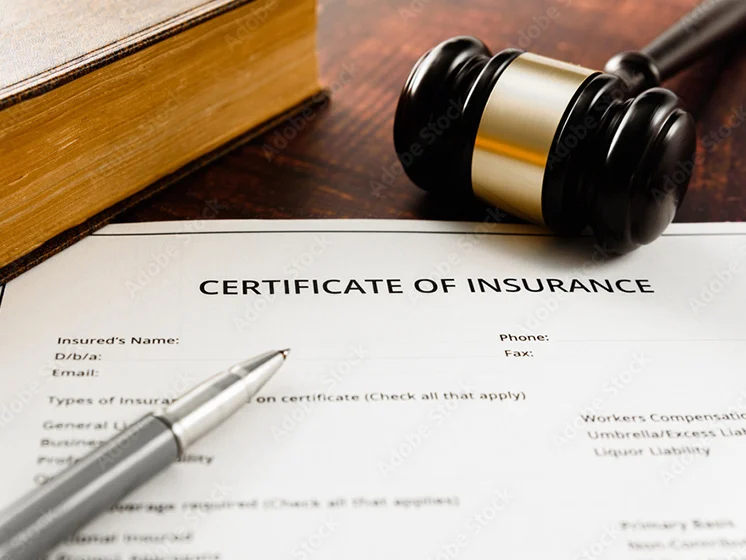 Certificate of Insurance document with pen and gavel. 