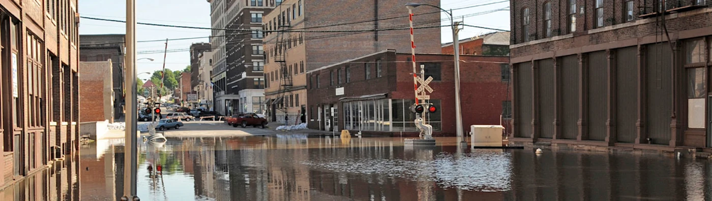 Image of a flood in a downtown warehouse or business district