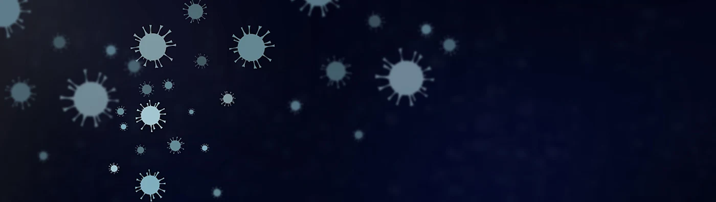 Stylized virus particles floating against a dark blue background, symbolizing contagion.