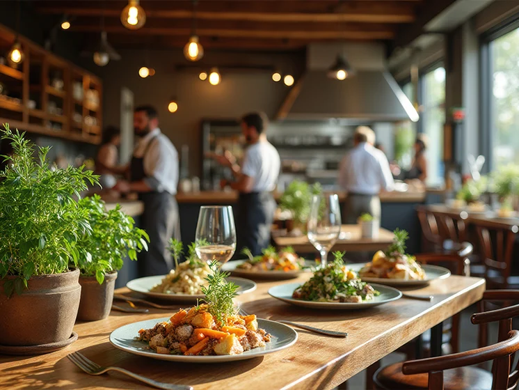 Sunlit restaurant with rustic wooden tables, a marble bar, and industrial decor.