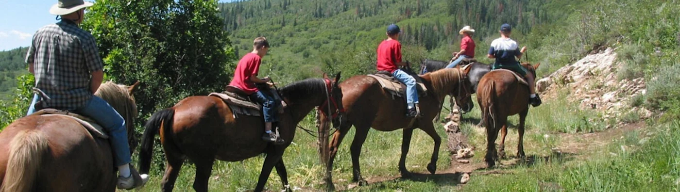 Group of people horseback riding through green hills.