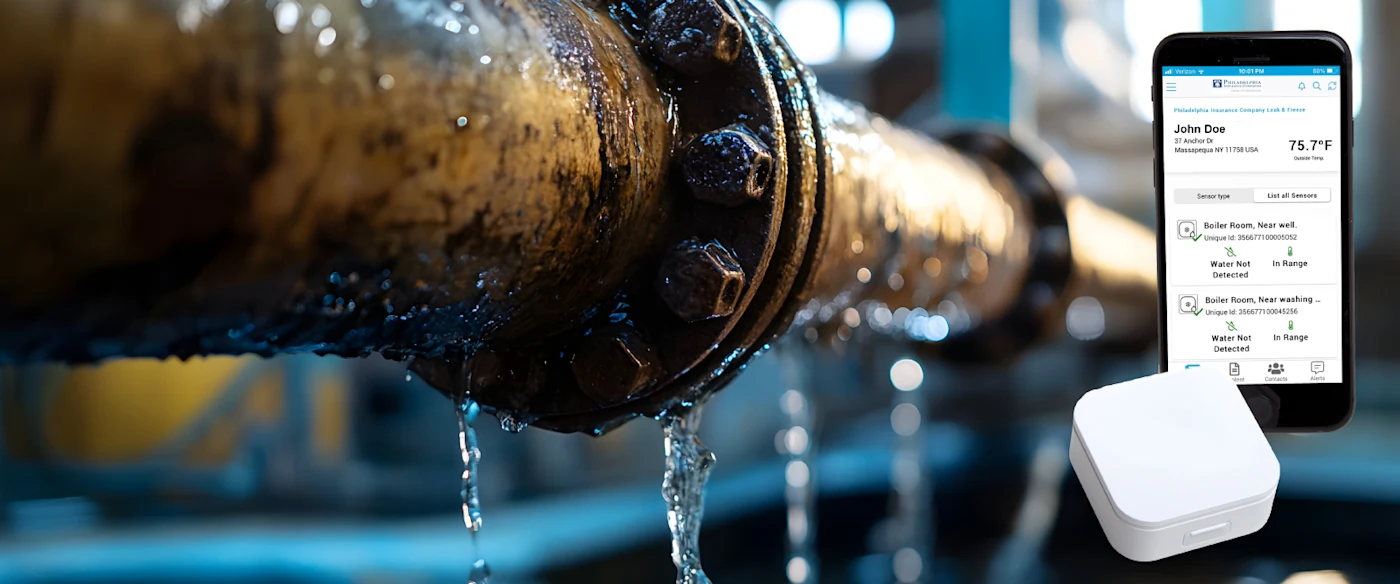 Leaking pipe with the PHLYSENSE device and app on the right-hand side. 