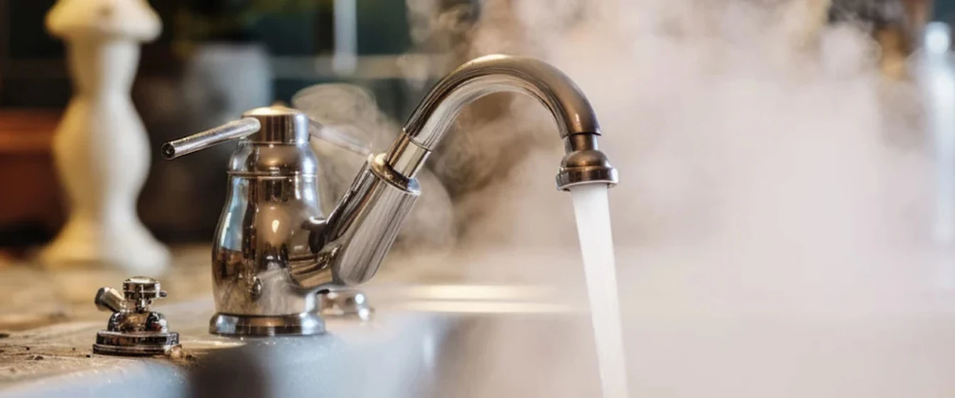 Hot water flowing from a modern faucet with steam rising, signifying hygiene, warmth, and the comforts of a well-equipped home Stock Photo | Adobe Stock 