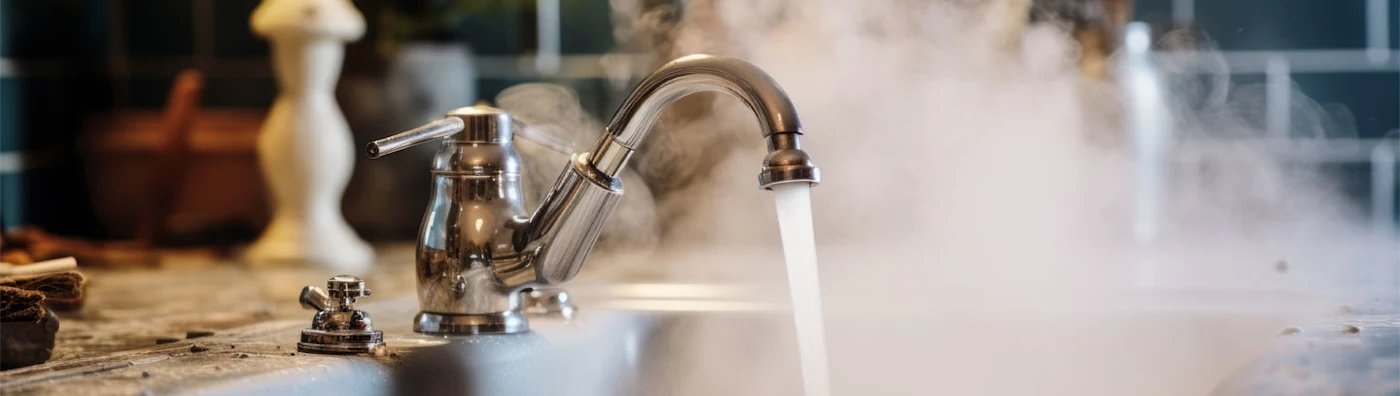 Hot water flowing from a modern faucet with steam rising, signifying hygiene, warmth, and the comforts of a well-equipped home Stock Photo | Adobe Stock