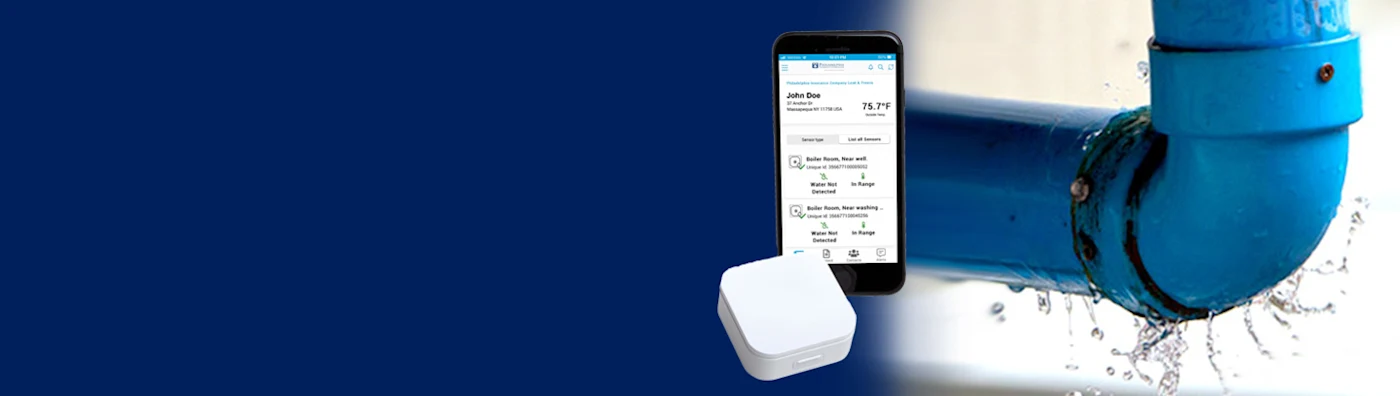 Smart sensor and mobile app detecting water leak in a blue pipe, preventing property damage.