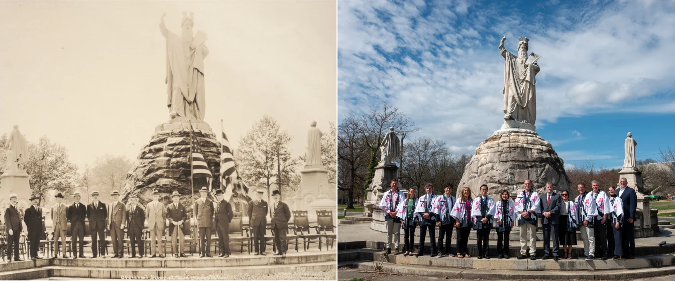 Original photo from the 1926 cherry blossom planting initiative side-by-side with PHLY's 2026 recreation photo. 