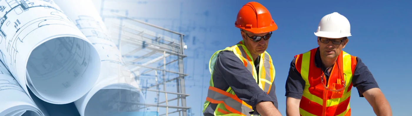 Banner image showing an overlay of architectural plans next to two construction workers