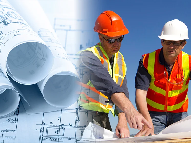 Banner image showing an overlay of architectural plans next to two construction workers