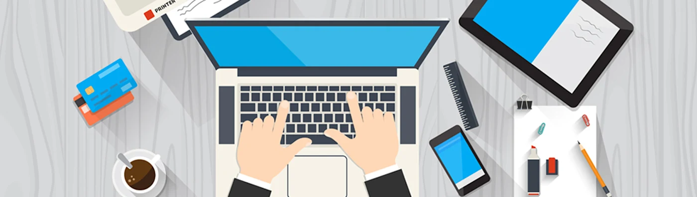 Illustration of hands typing on a laptop surrounded by credit cards, phone, tablet, and coffee.