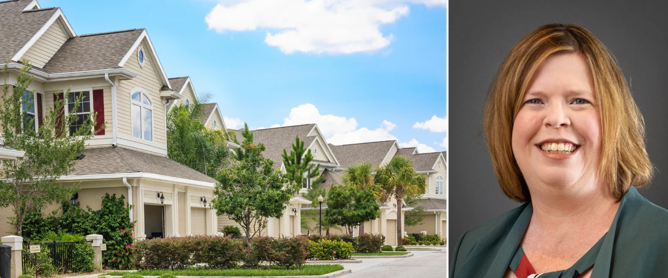 Photo of a neighborhood run by a homeowner's association alongside a headshot of Nicole Reed, Vice President at Philadelphia Insurance Companies (PHLY).