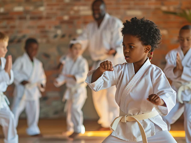 Group of young Martial Arts students practicing in studio