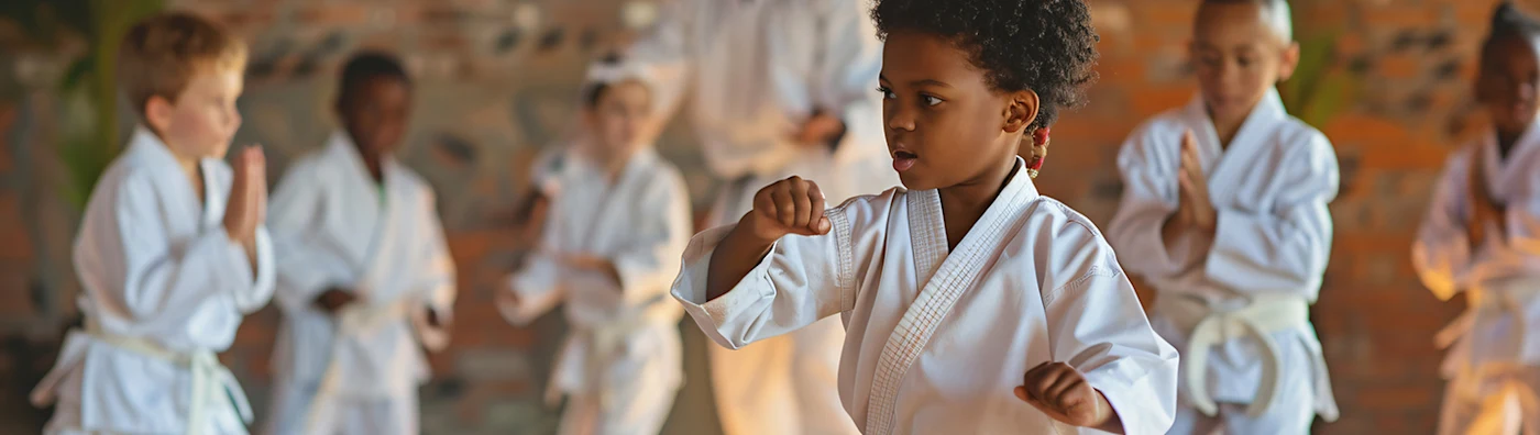 Group of young Martial Arts students practicing in studio