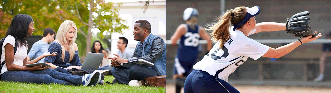 Split frame Intercollegiate scenes: sports and studying on the quad