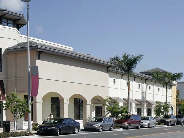 Modern commercial shopping plaza with palm trees, storefronts, and parked cars along the street.