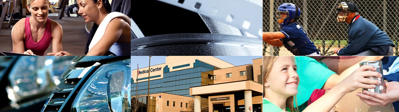 Collage of community-focused scenes including fitness, film, sports, healthcare, automotive, and social events.