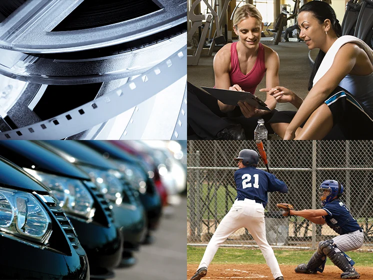 Collage of community-focused scenes including fitness, film, sports, healthcare, automotive, and social events.