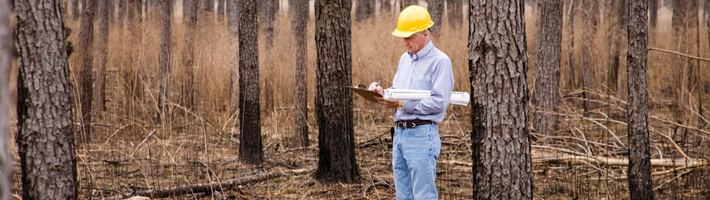 Man wearing a hard hat stands in a forest, writing on a clipboard and holding rolled-up documents.