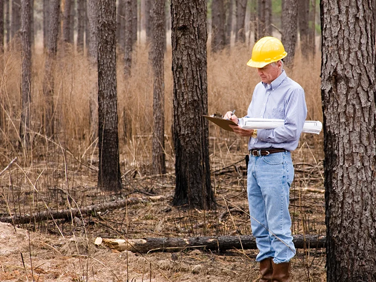 Man wearing a hard hat stands in a forest, writing on a clipboard and holding rolled-up documents.