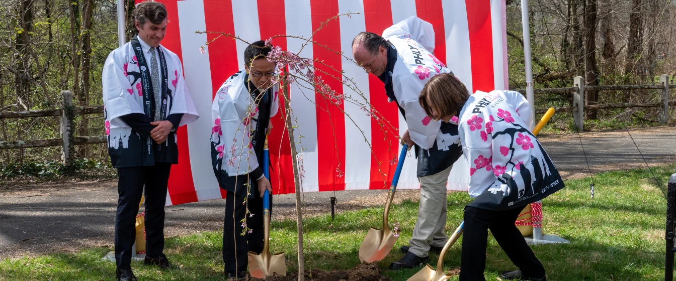 PHLY and JASGP representatives planting a gifted cherry blossom tree.