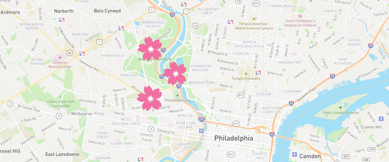 Map of tree plantings in Fairmount Park, near the General Ulysses S. Grant Statute, and near Blankenburg Elementary School.
