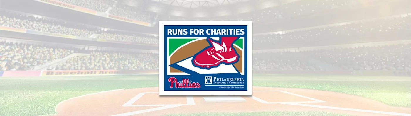 Runs for Charities logo with a red shoe, Phillies and PHLY logos over a baseball stadium.