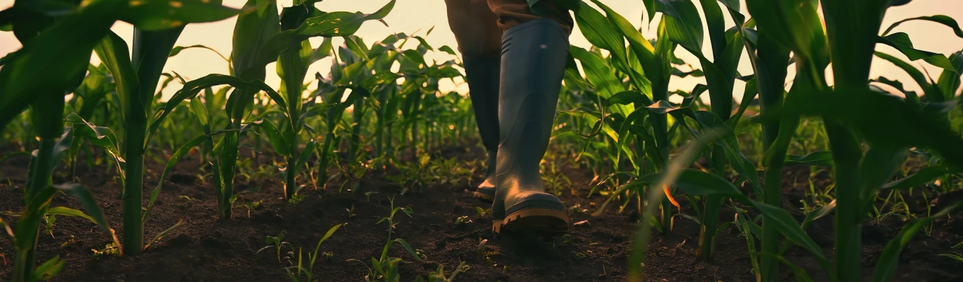 A ground-level shot of a farmer’s boots as they walk through a corn field at dusk, his farm covered by farm and ranch insurance.