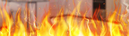 Flames overlaid on a residential kitchen in the background.