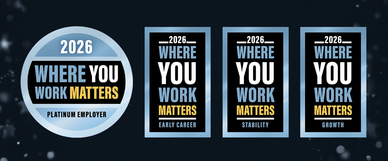 Where You Work Matters award banners acknowledging PHLY as a platinum employer for early career, stability, and growth.